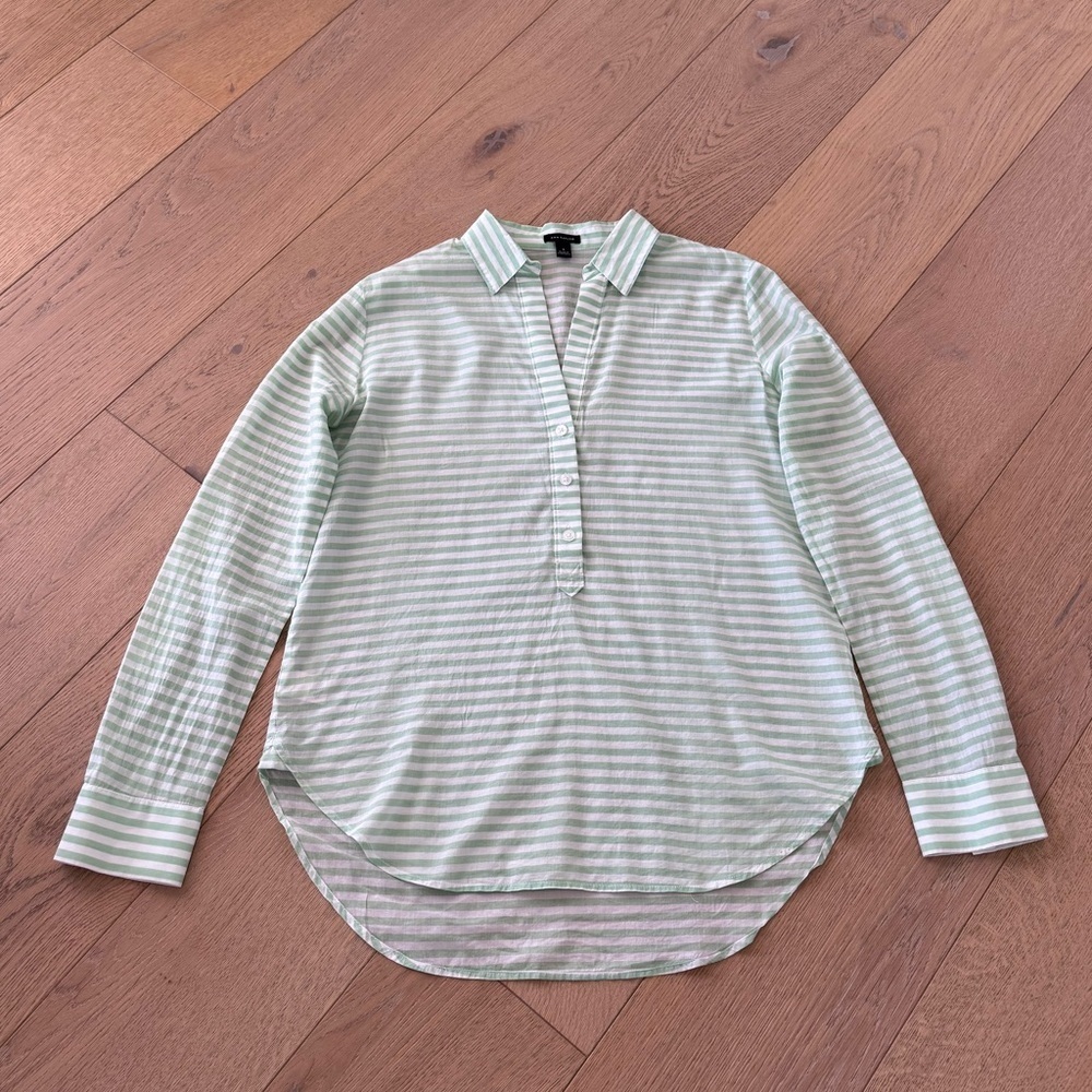 Ann Taylor White and Green Striped Cotton Silk Blouse Small